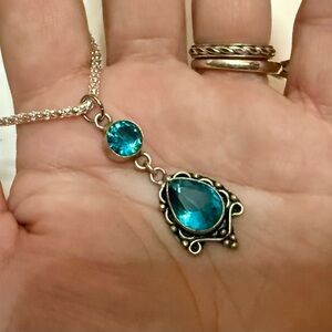 Stunning .925 Sterling Silver Blue Topaz Filagree Drop Pendant Necklace